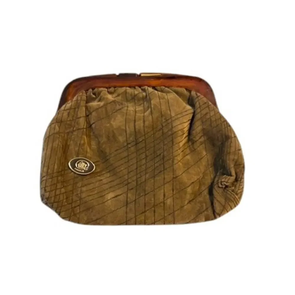 Vintage Firenze Italy Suede Leather Kiss Lock Clutch Purse Brown Marble Frame